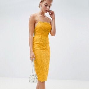 ASOS DESIGN Square Neck Yellow Lace Pencil Dress size US 8